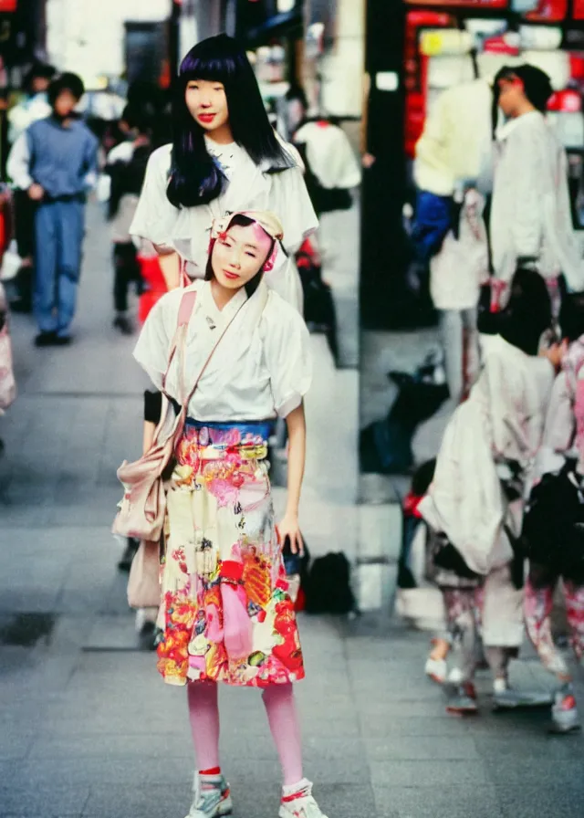 Prompt: a street fashion photograph of a cute japanese woman in 9 0 s fashion, in tokyo akihabara, shot on cinestill 5 0 d with a 3 5 mm at f / 2. 8 lens, highly detailed, fashion magazine print quality, photorealism, nineties nostalgia, 8 k