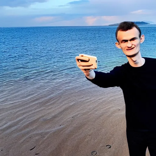 Image similar to vitalik buterin on a red beach taking a selfie