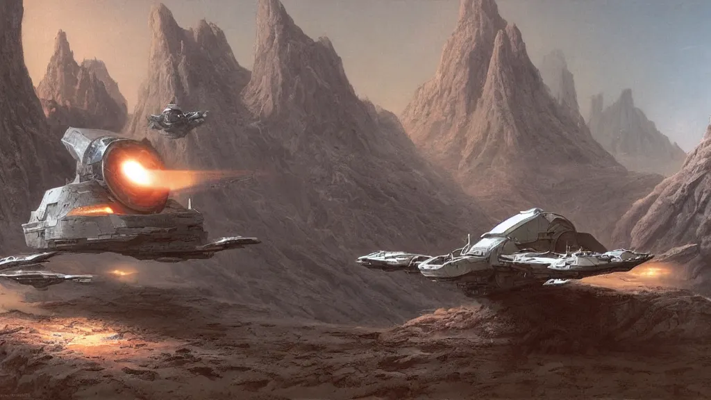 Image similar to small organic dropship lander by john schoenherr and jim burns, epic cinematic matte painting