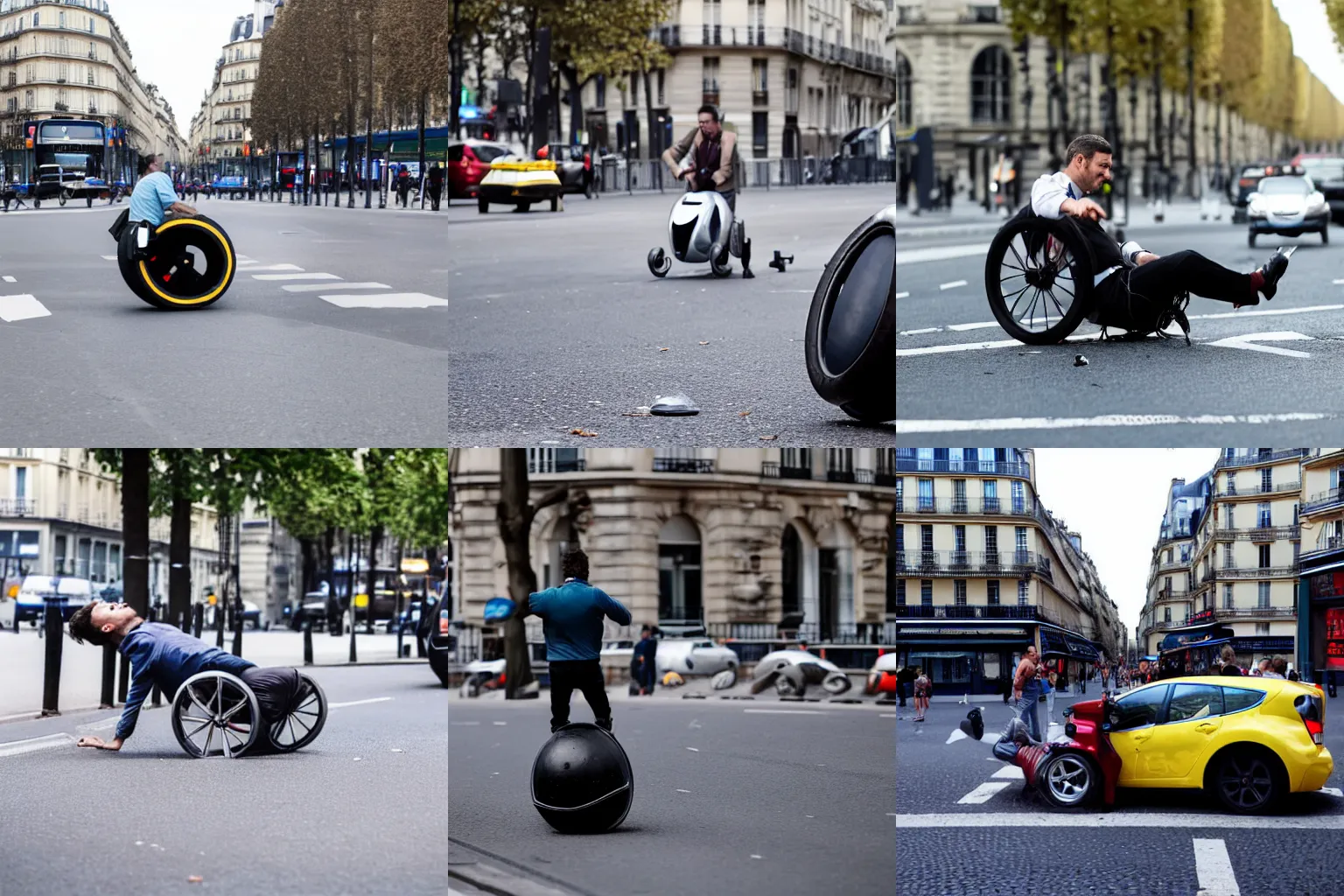 Prompt: Man in monowheel being hit by a car on the road in the city in paris