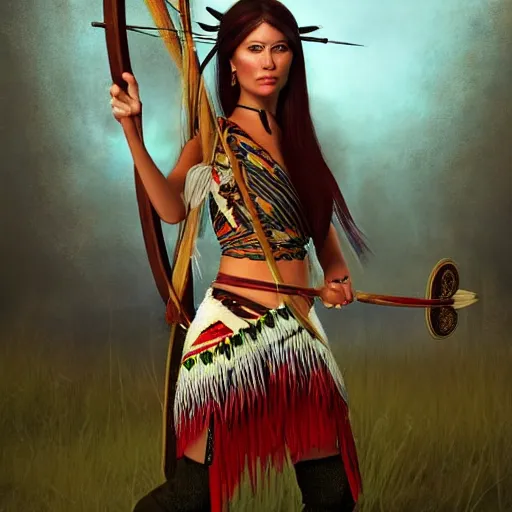 Image similar to a woman dressed in native american clothing holding a bow and arrow, a fine art painting by john clayton, deviantart, fantasy art, daz 3 d, mystical