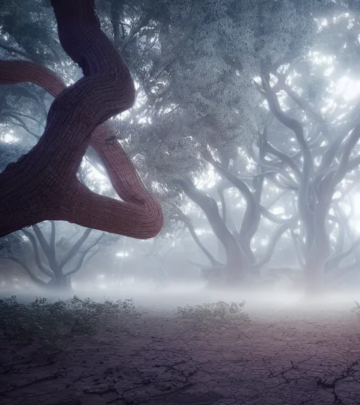 Image similar to surreal white snakes forming a tall tree, futuristic in the desert, foggy sky, dark night, octane render, unreal engine, pale colors, high detail, 8 k, wide angle, trending on artstation, behance