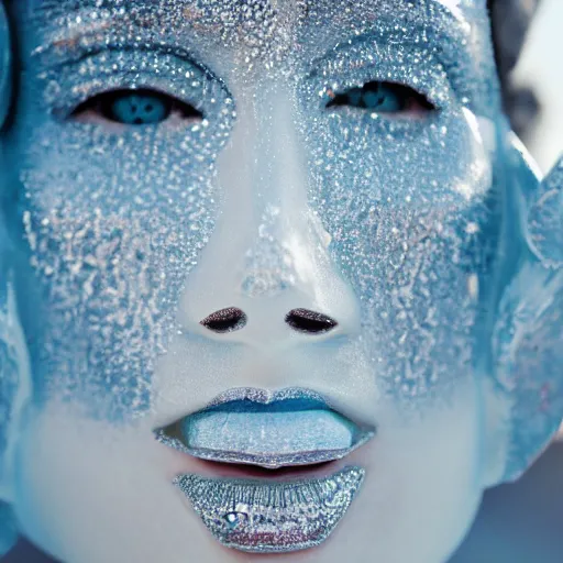 Prompt: close up of face of a ice sculpture, in desert, official vogue editorial, highly detailed