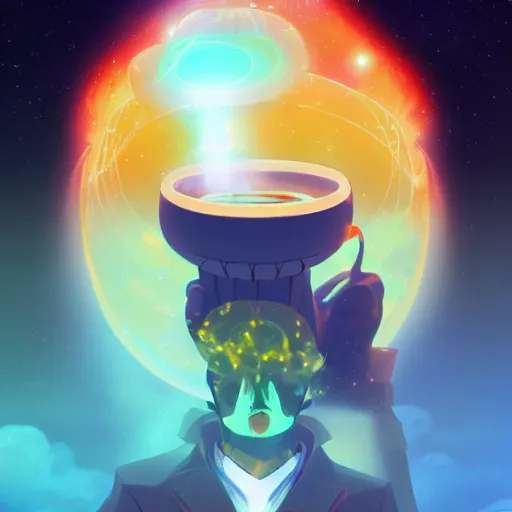 Prompt: A man drinking a cup of cosmic energy bright light by Masafumi Harada, 4k, digital art, surreal, anime style, space dandy style, highly detailed, godsend, artstation, digital painting, concept art, smooth, sharp focus, illustration