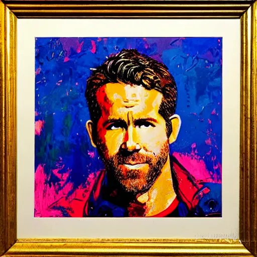 Image similar to ryan reynolds by leroy neiman, intricate, ultra detailed painting, atmospheric lighting, golden hour