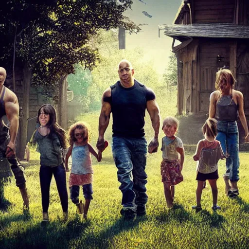 Image similar to closeup photo of vin diesel and his 6 children, sunny day, village house, pastoral, happy, cinematic, art by jan urschel and neil blevins