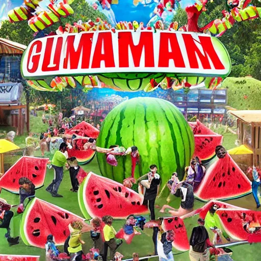 Image similar to a giant watermelon rampage town , movie scene