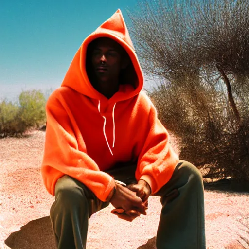 Prompt: a man wearing a salmon hoodie sitting outside a Non-Euclidean orb-like clay house sitting in the desert, vintage photo, beautiful cinematography, blue sky, film grain, James Turrell