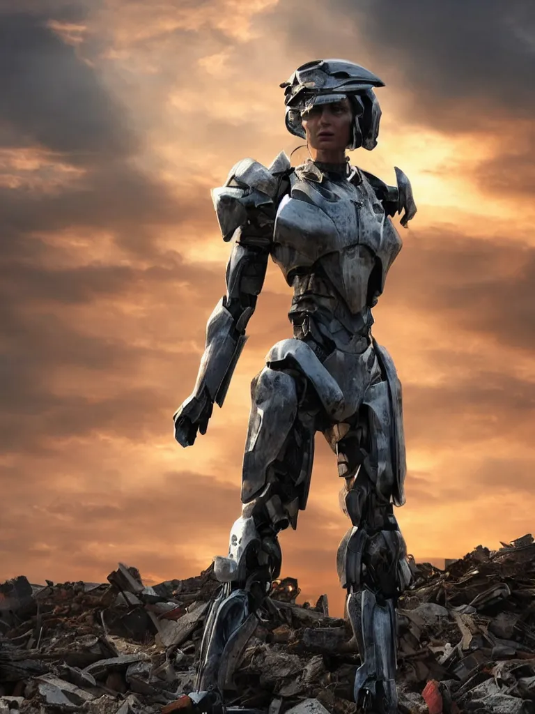 Image similar to emily blunt in futuristic power armor, close up portrait, solitary figure standing atop a pile of rubble, sunset and big clouds behind her