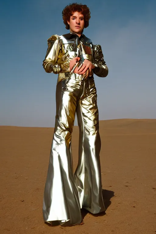 Image similar to portrait davis taylor brown dressed in 1 9 8 1 space fantasy fashion, avante garde, shiny metal, standing in a desert