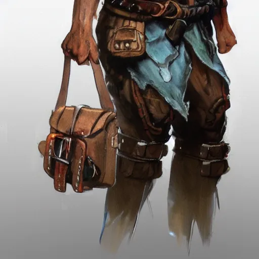 Image similar to close-up of bags attached to belt, small bags made of cotton, detail, style of Frank Frazetta, concept art, trending on artstation, Dungeon and Dragons