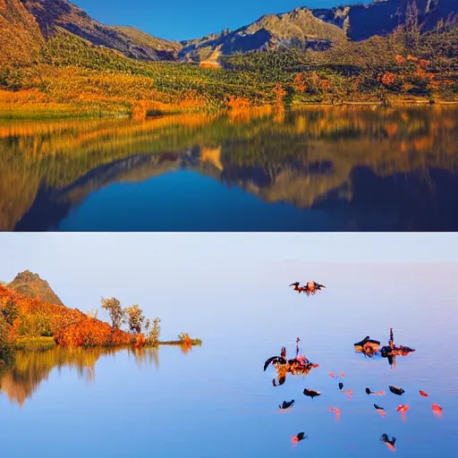 Image similar to photo of two black swans touching heads in a beautiful reflective mountain lake, a colorful hot air balloon is flying above the swans, hot air balloon, intricate, 8k highly professionally detailed, HDR, CGsociety