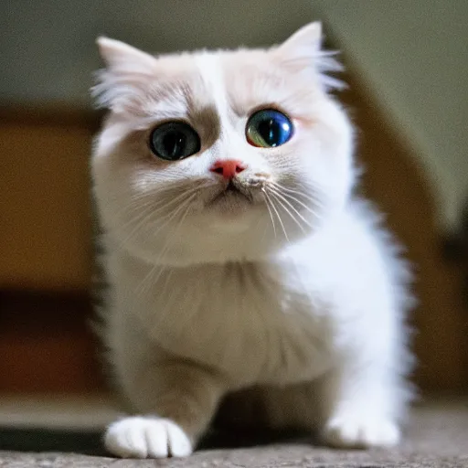 Image similar to cute munchkin cat with tiny legs big head stunning eyes, cinematic lighting, beautiful composition in the style of the island of dr moreau