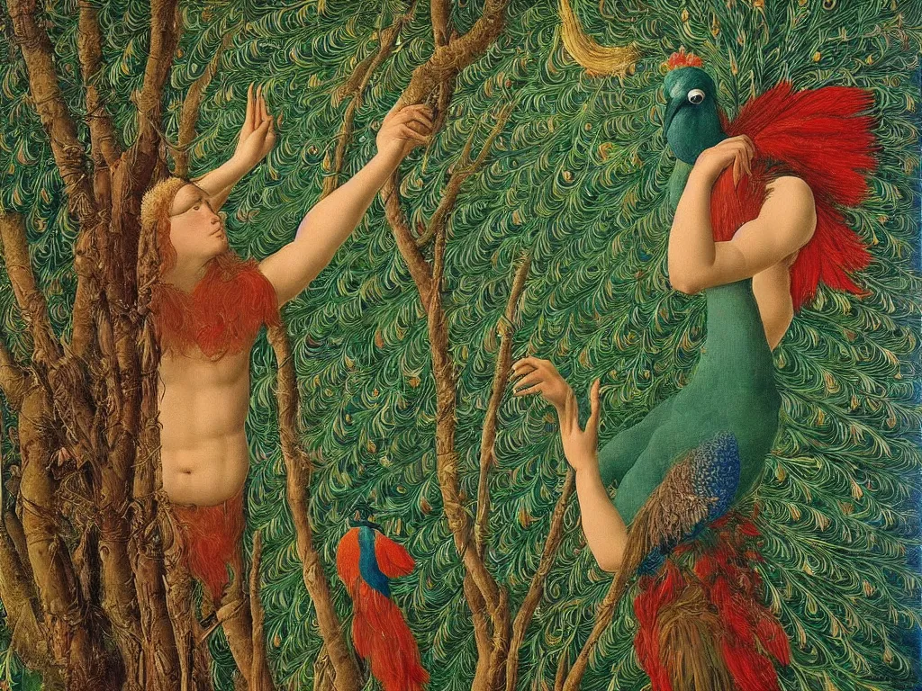 Prompt: Miraculous peacock touching with a red feather the forehead of a melancholic man in a jungle, painting by Botticelli