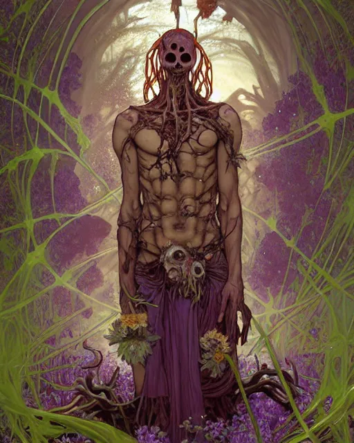 Image similar to the platonic ideal of flowers, rotting, insects and praying of cletus kasady carnage thanos davinci dementor wild hunt chtulu mandala ponyo heavy rain the witcher, d & d, fantasy, ego death, decay, dmt, psilocybin, concept art by randy vargas and greg rutkowski and ruan jia and alphonse mucha