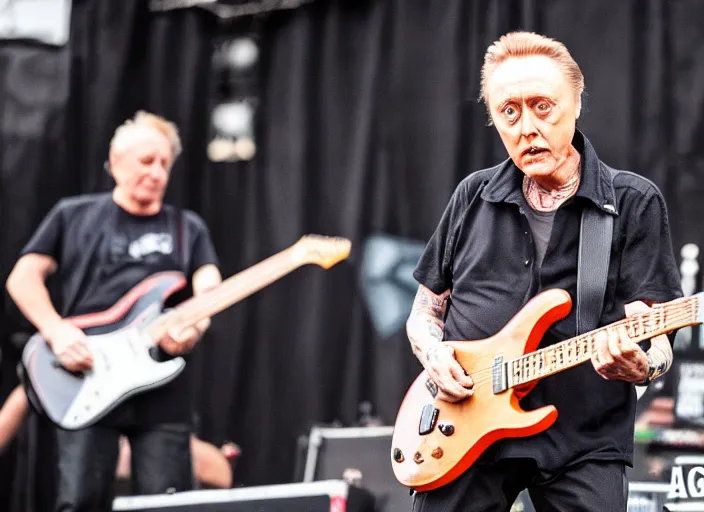 Image similar to photo still of christopher walken on stage at vans warped tour!!!!!!!! at age 5 5 years old 5 5 years of age!!!!!!! shredding on guitar, 8 k, 8 5 mm f 1. 8, studio lighting, rim light, right side key light