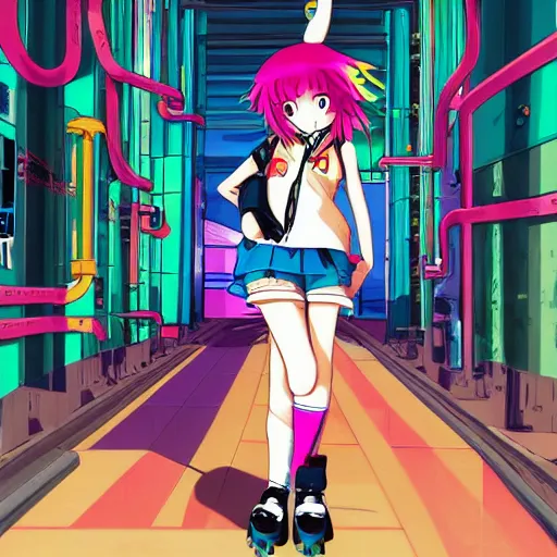 Prompt: anime girl with colorful clothes, eccentric hairstyle, cel - shading, 2 0 0 1 anime, flcl, jet set radio future, golden hour, underground facility, underground tunnel, pipes, rollerbladers, rollerskaters, cel - shaded, jsrf, strong shadows, vivid hues, y 2 k aesthetic