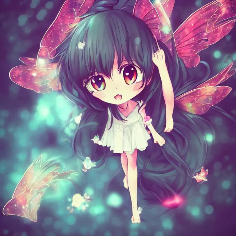 Image similar to cute, full body, female, anime style, a cat girl with fairy wings, large eyes, beautiful lighting, sharp focus, simple background, creative, heart effects, filters applied, illustration