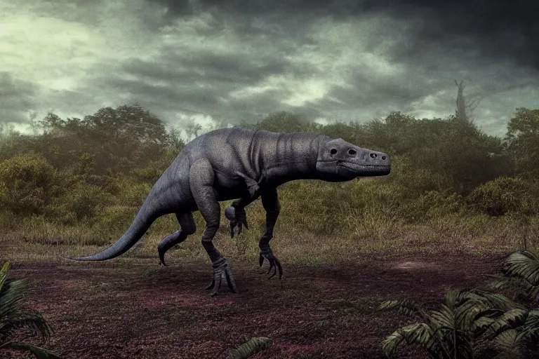 Image similar to Realistic photograph of a tired dinosaur standing in the distance in the style of Dark Naturalism, Jungle Grunge, twilight, glows, detailed, studio quality, hd image,