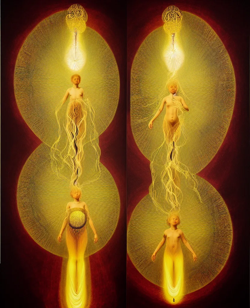 Image similar to a golden child radiates a unique canto'as above so below'while being ignited by the spirit of haeckel and robert fludd, breakthrough is iminent, glory be to the magic within, in honor of venus, painted by ronny khalil