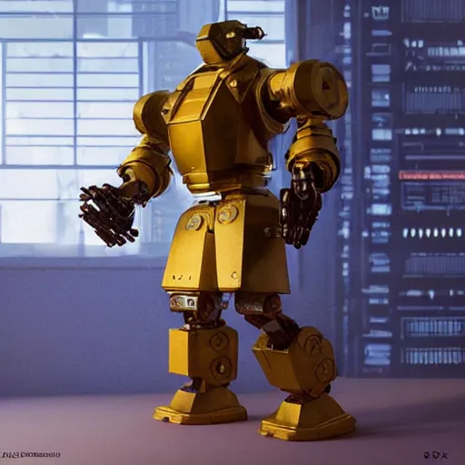 Image similar to Vermeer photographed photorealistic vfx movie cyberpunk aesthetic TOOL album holographic cover art of a giant mech warrior. 3D octane.