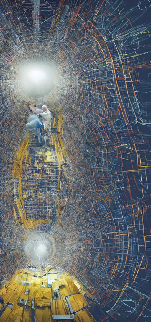 Prompt: wide shot of a man getting trapped inside cern large hadron collider, his body getting pulled apart by particle collision, rendered in octane