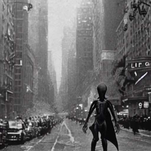 Image similar to old black and white photo, 1 9 1 3, depicting a xenomorph from the movie aliens rampaging through the bustling streets of new york city, historical record