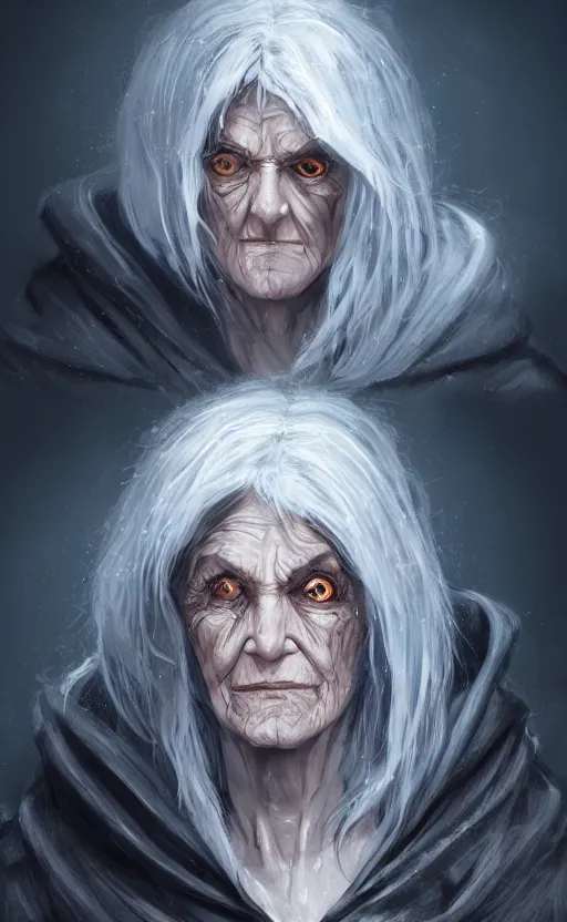 Image similar to an older woman with silver hair and piercing blue eyes. she's wearing a dark, hooded cloak and looks like she knows her way around a sword, dynamic lighting, photorealistic fantasy concept art, trending on art station, stunning visuals, creative, cinematic, ultra detailed