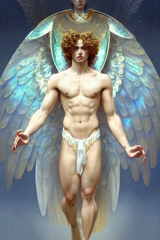 Prompt: fullbody portrait of a beautiful young fit male angel with curly blond hairs, detailed face, dressed with long fluent clothes, majestic symmetrical eagle wings, luminous halo, by greg rutkowski and alphonse mucha, gradient white to gold, in front of an iridescent background, highly detailed portrait, digital painting, artstation, concept art, smooth, sharp focus illustration