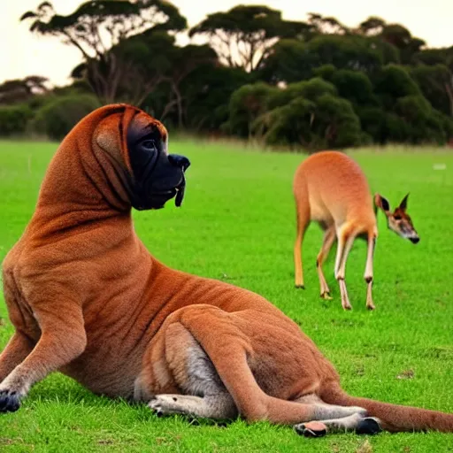 Prompt: boerboel in a field, kangaroo in the background, detailed, intricate