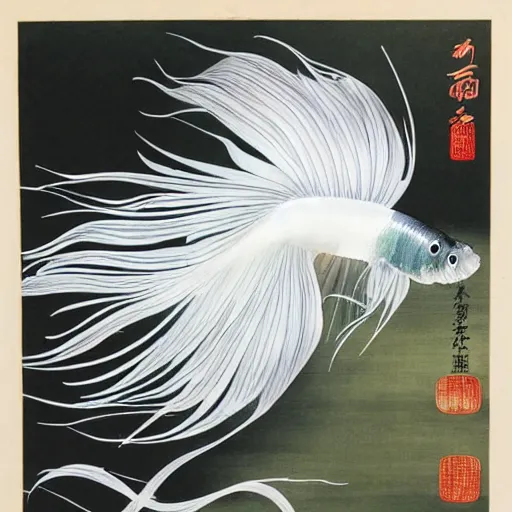 Image similar to a graceful iridescent white betta fish with long swirling fins, black-water-background, traditional Chinese painting