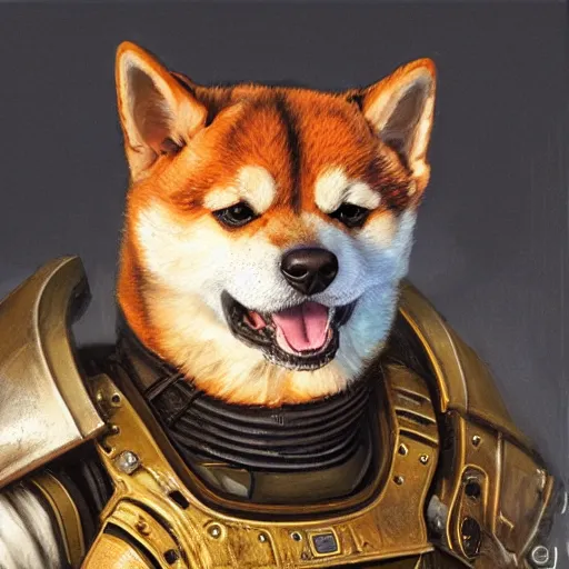 Image similar to the doomslayer as anthropomorphic shiba inu a realistic scifi cyberpunk knight, closeup portrait art by donato giancola and greg rutkowski, vintage retro scifi, realistic face, digital art, trending on artstation, symmetry