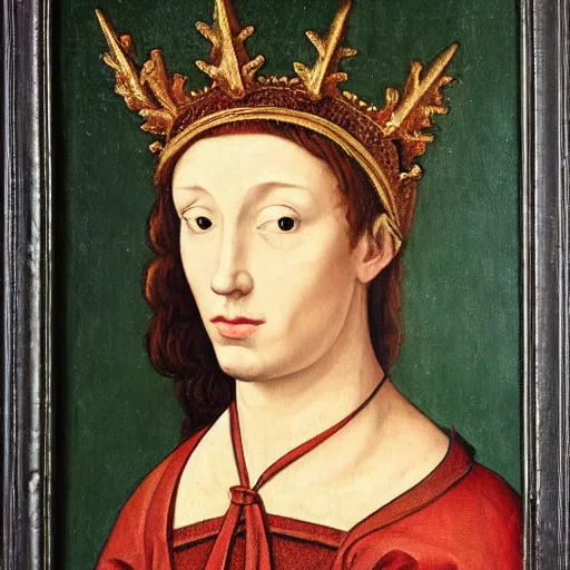 Image similar to a renaissance style portrait painting of a unicorn, wearing a crown and cape, dark background