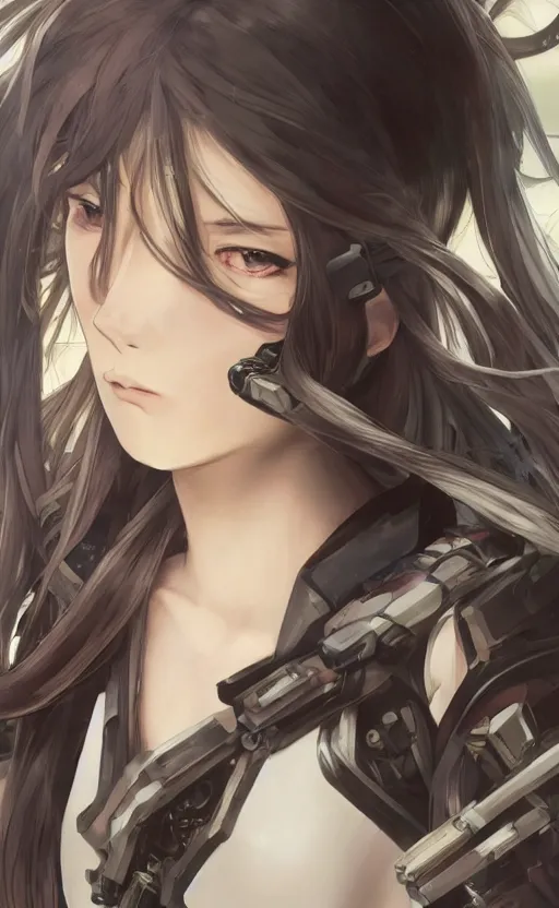 Image similar to girl with tank mecha parts, anime style, long hair, hair down, symmetrical facial features, from arknights, hyper realistic, pale skin, 4 k, rule of thirds, extreme detail, detailed drawing, trending artstation, hd, cyborgs, d & d, realistic lighting, by alphonse mucha, greg rutkowski, sharp focus, backlit