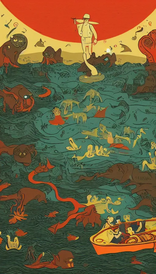 Image similar to man on boat crossing a body of water in hell with creatures in the water, sea of souls, by kurzgesagt,