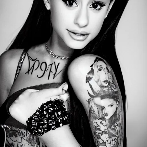 Prompt: ariana grande recursive photo beautiful ariana grande photo bw photography 130mm lens. ariana grande backstage photograph posing for magazine cover. award winning promotional photo. !!!!!COVERED IN TATTOOS!!!!! TATTED ARIANA GRANDE NECK TATTOOS. Elegant pose, outstretched arms