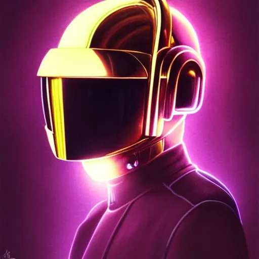 Image similar to portrait of daft punk mixing music, muscular, headphones, neon, fantasy, intricate, elegant, highly detailed, digital painting, artstation, concept art, smooth, sharp focus, illustration, art by artgerm and greg rutkowski and alphonse mucha