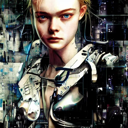 Image similar to a striking hyper real illustration of Elle Fanning with cybernetics by Yoji Shinkawa