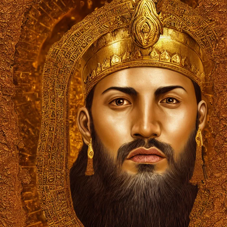 Image similar to highly detailed portrait of agharta ´ s king brightening on gold majestic in the entrance kingdom of agharta, land of advanced races, giant, hollow earth infographic, hiperrealistc, global illumination, radiant light, detailed and intricate environment, trending on artstation, art by oleg oprisco, 8 k