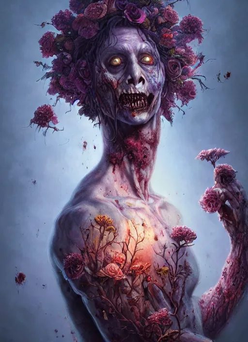 Image similar to zombie with flowers sprouting out of his body, in the style of tomasz alen kopera and fenghua zhong and peter mohrbacher, mystical colors, rim light, beautiful lighting, 8 k, stunning scene, raytracing, octane, trending on artstation