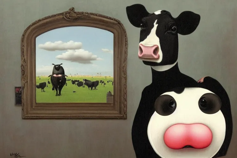 Prompt: 'Wherever you go, a cow is always watching you', lowbrow painting by Mark Ryden and René Magritte