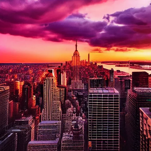 Image similar to sunset above new york, beautiful landscape, high detail, instagram photo, professional dslr photo, creative composition, beautiful composition