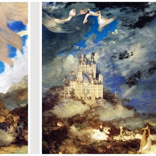 Image similar to A beautiful collage of a castle in the clouds. by Alexandre Cabanel, by Maggi Hambling energetic