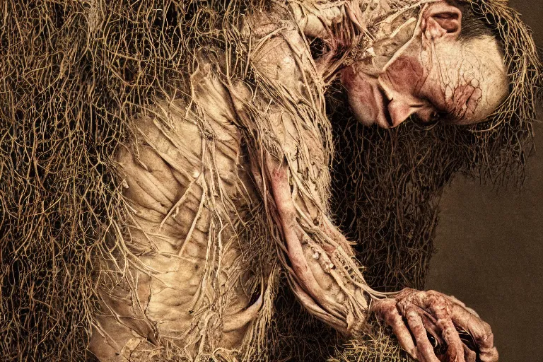 Image similar to portrait of Danny DeVity, wearing hay coat, with horns, visible muscles and veins and arteries and bones and spines and nerves, flowers growing out of his body, beautiful detailed intricate insanely detailed octane render, 8k artistic photography, photorealistic, chiaroscuro, by David Cronenberg, Raphael, Caravaggio