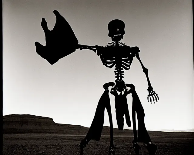 Prompt: by bruce davidson, by andrew boog faithfull redscale photography evocative. a beautiful kinetic sculpture of a skeleton creature, with a long black cape and a revolver standing in front of a desert mesa.