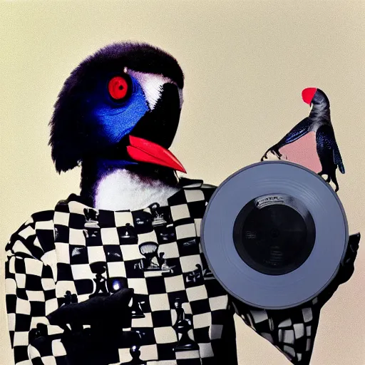 Prompt: close - up, photo of a humanoid magpie kenku wearing a chess hoodie, holding a vinyl record, 9 0 - s, polaroid photo, by warhol,