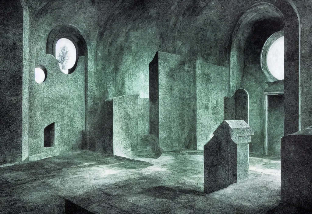 Prompt: colorized dreamy forgotten mausoleum, lunar mythos, award winning art by bill brandt and wolfgang letti