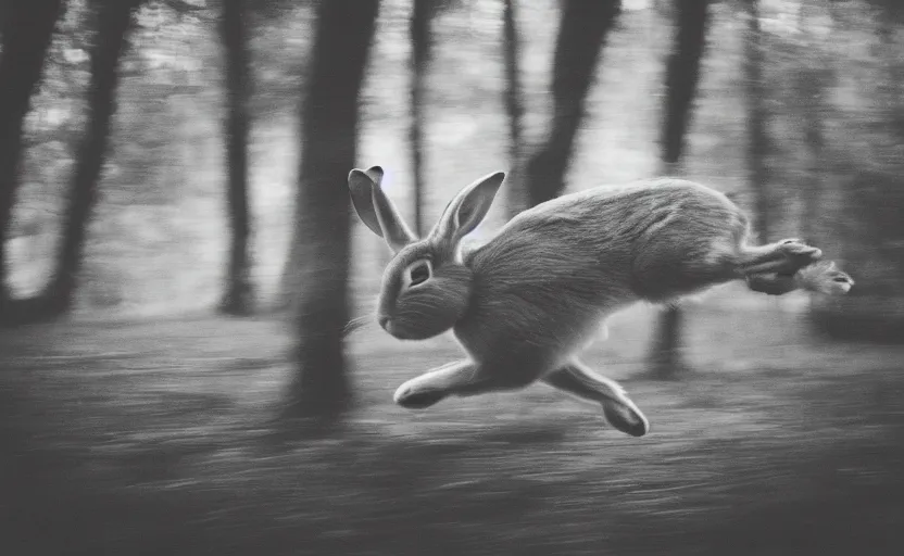 Prompt: rabbit jumping, in motion, blur, action, house in the wood, lomography photo, unfocus, monochrome, 35mm, noise effects filter