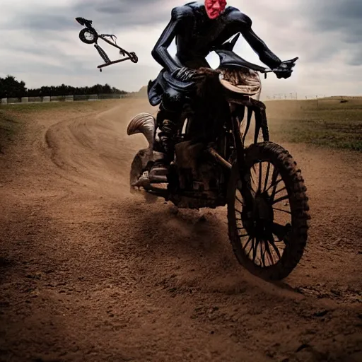 Image similar to nosferatu is riding a motocross, sport photography