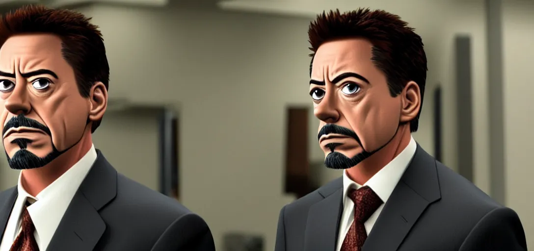 Image similar to a very high resolution image of tony stark. from an episode of the office with micheal scott. photorealistic, photography